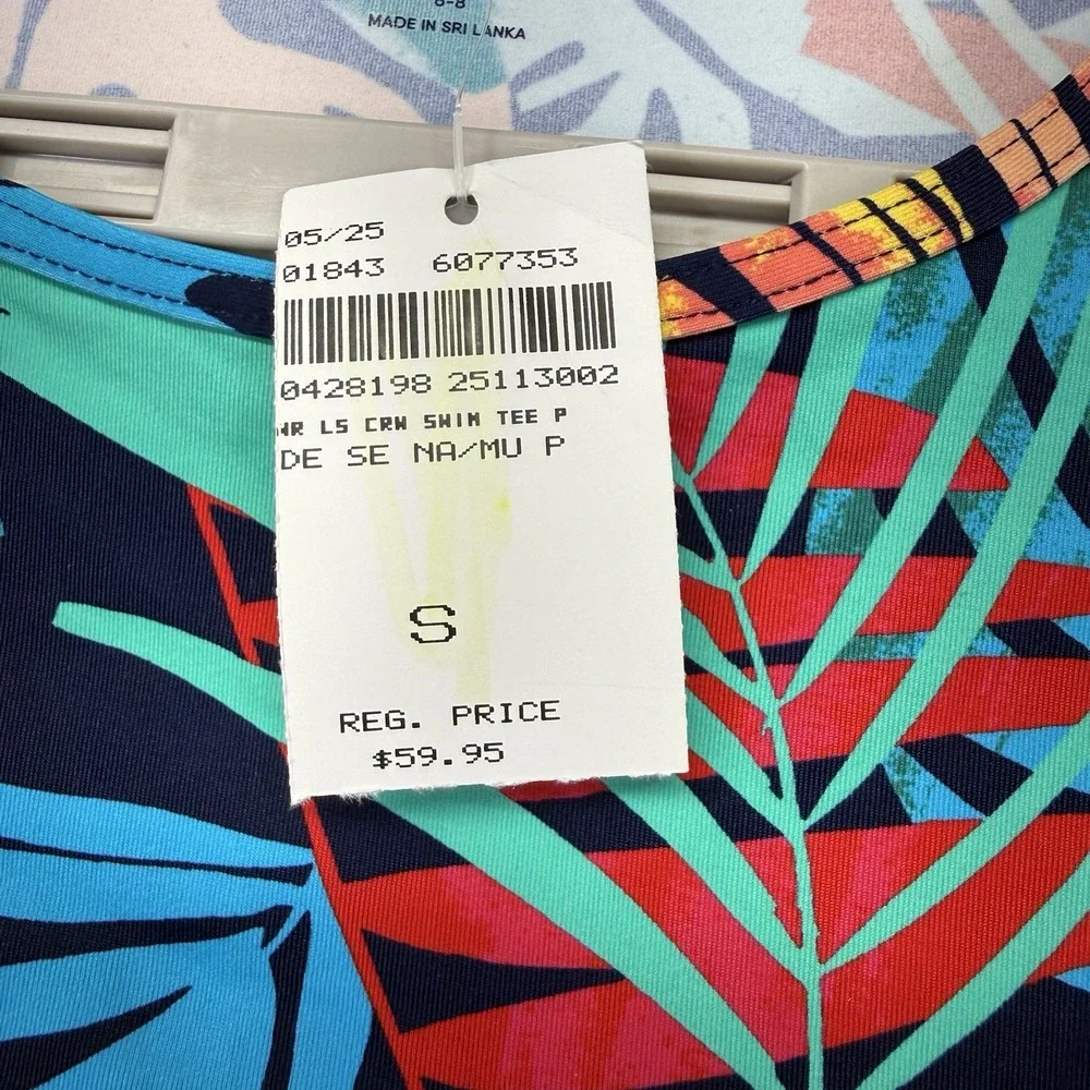 Lands' End Swim Tee Small Rash‎ Guard UPF 50 Tropical Multi Palm Leaves NEW